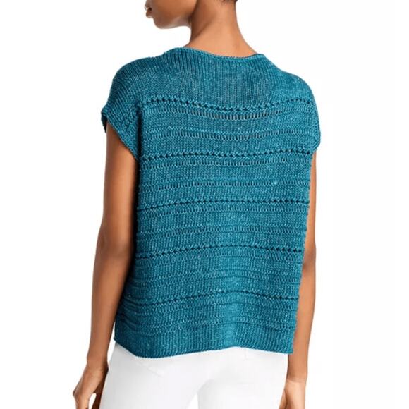 Lafayette148 Silk/Cotton Teal Open Stitch Micro Paillette CoastalGrandma Sweater - Picture 2 of 8